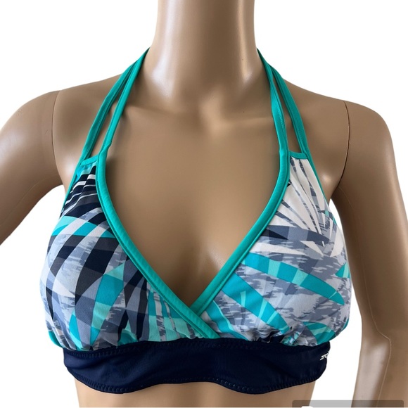 ZEROXPOSUR Blue Reversible Swimsuit Bikini Halter Top Floral Striped Padded - Picture 2 of 5